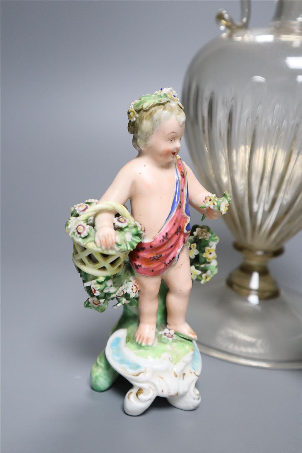 A Coalbrookdale floral encrusted basket, a Bow porcelain putto and a Venetian two handled glass vase, 28.5cm (3)